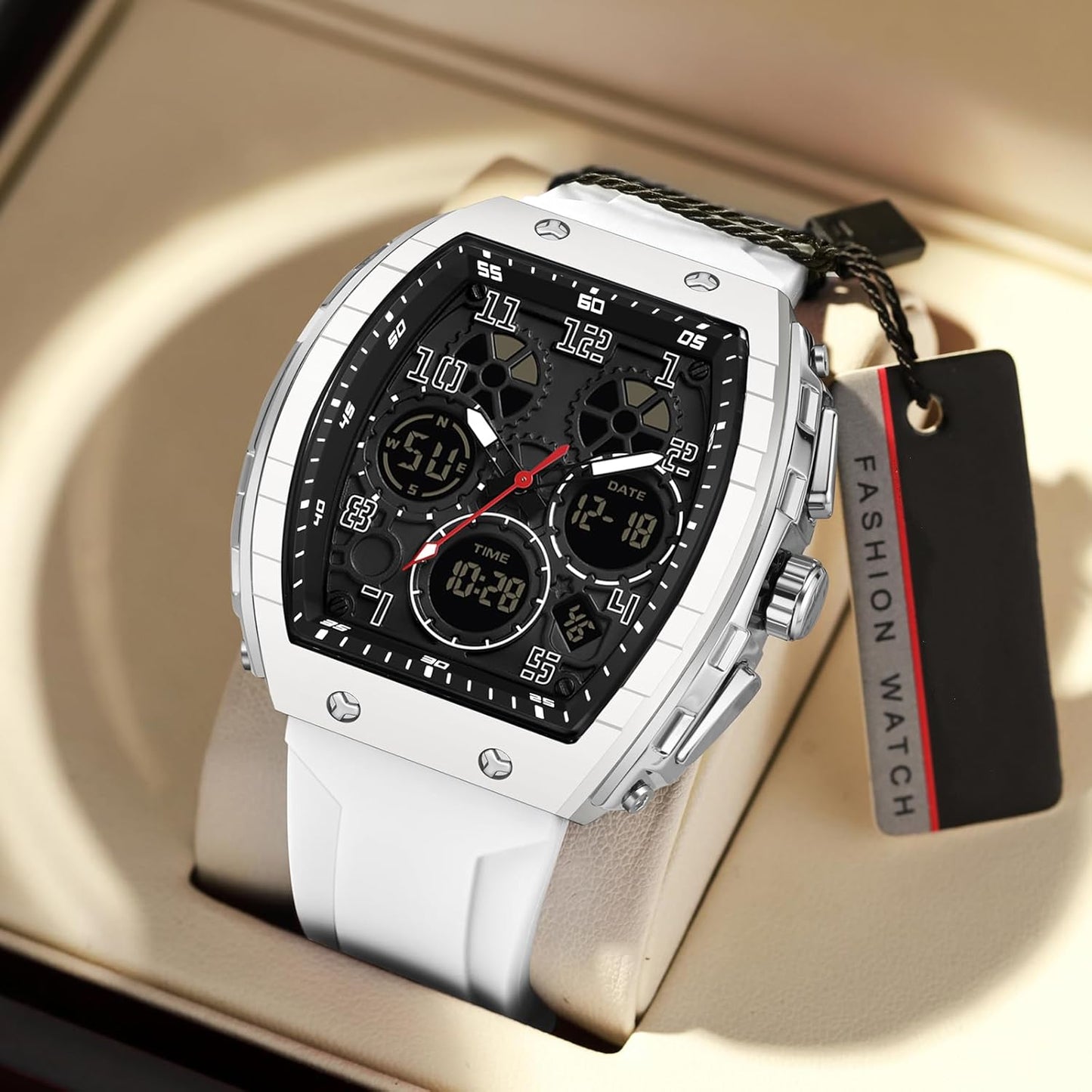 Reloj para Hombre Rectangular (Blanco) — Analógico + Digital, Doble Hora, Cronómetro, Cuenta Regresiva, 5 ATM, Estilo Punk, Correa de Silicona