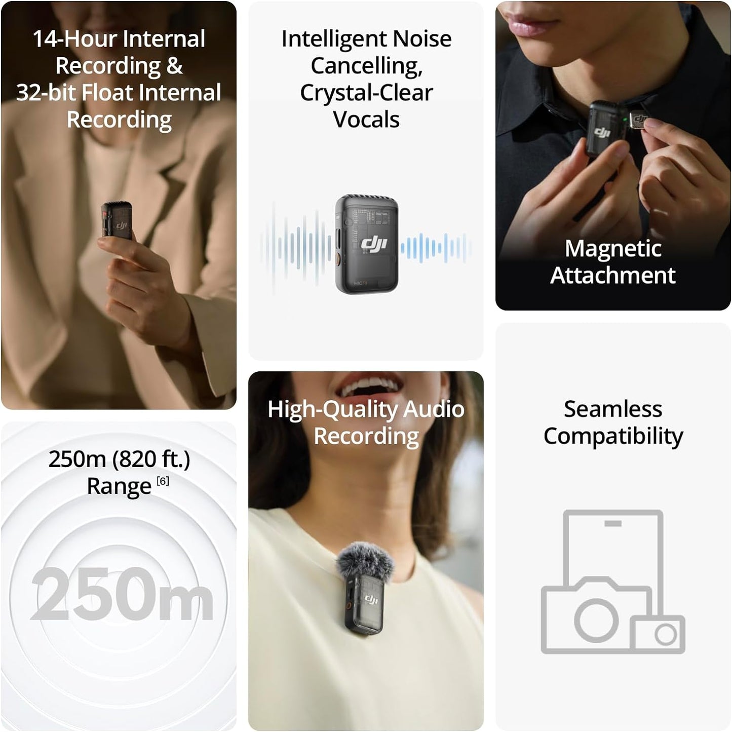 DJI Mic 2 (1 TX + 1 RX) Micrófono Inalámbrico con Cancelación Inteligente de Ruido y Grabación Interna 32-bit