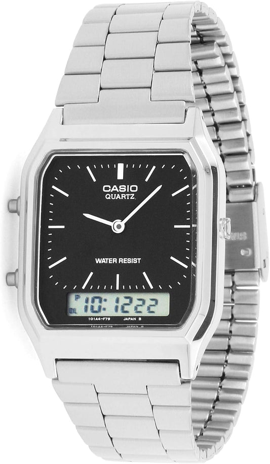Casio AQ-230A – Reloj Unisex Clásico | Caja de Acero Inoxidable | Diseño Retro Doble Display