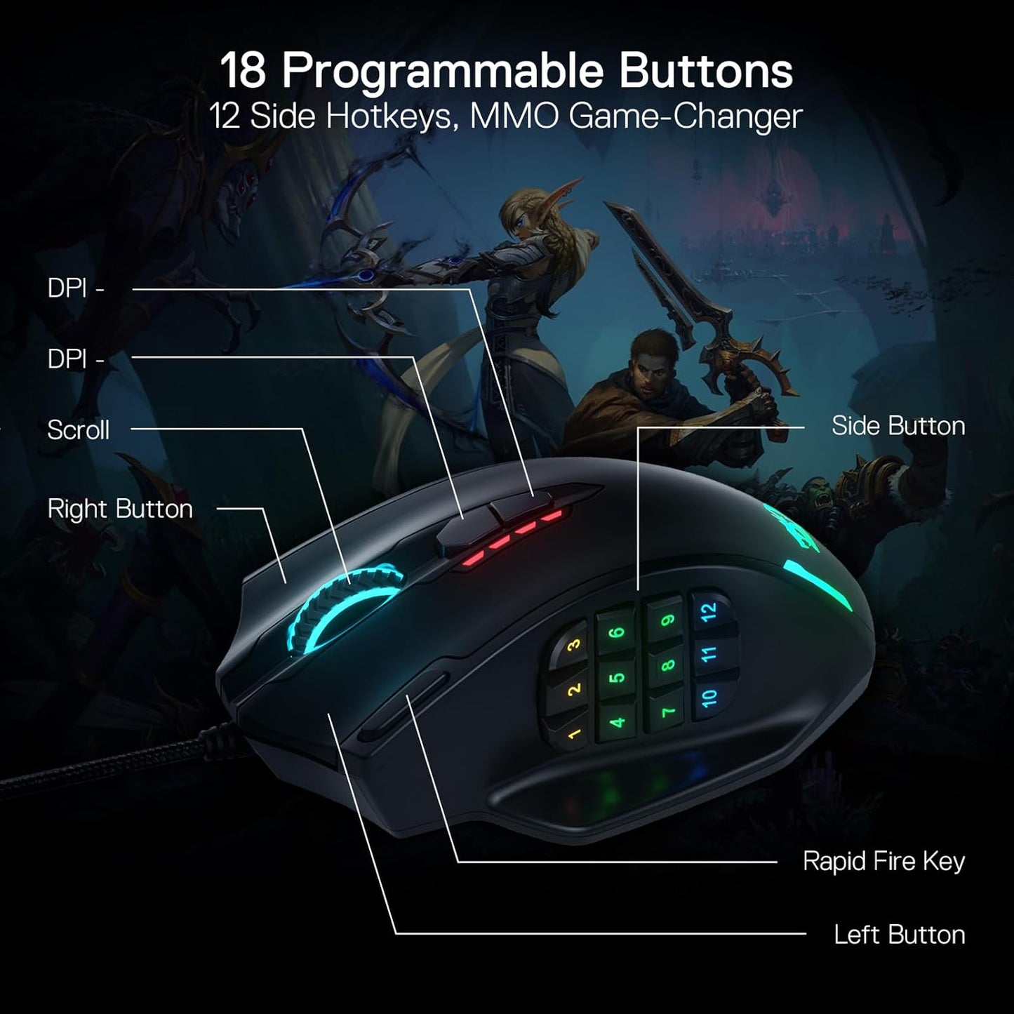 Redragon M908 Impact – Mouse Gamer MMO con Retroiluminación RGB, 12 Botones Laterales, 18 Macros Programables y Sensor Óptico de Alta Precisión, 12.400 DPI, Cableado, Negro