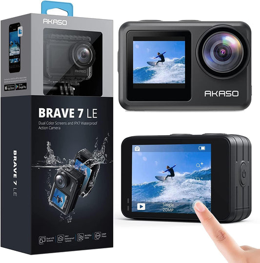 AKASO Brave 7 LE – Cámara de acción 4K con pantalla dual, estabilización EIS 2.0, control remoto, resistente al agua hasta 40 m, ideal para deportes, vlogs y aventuras