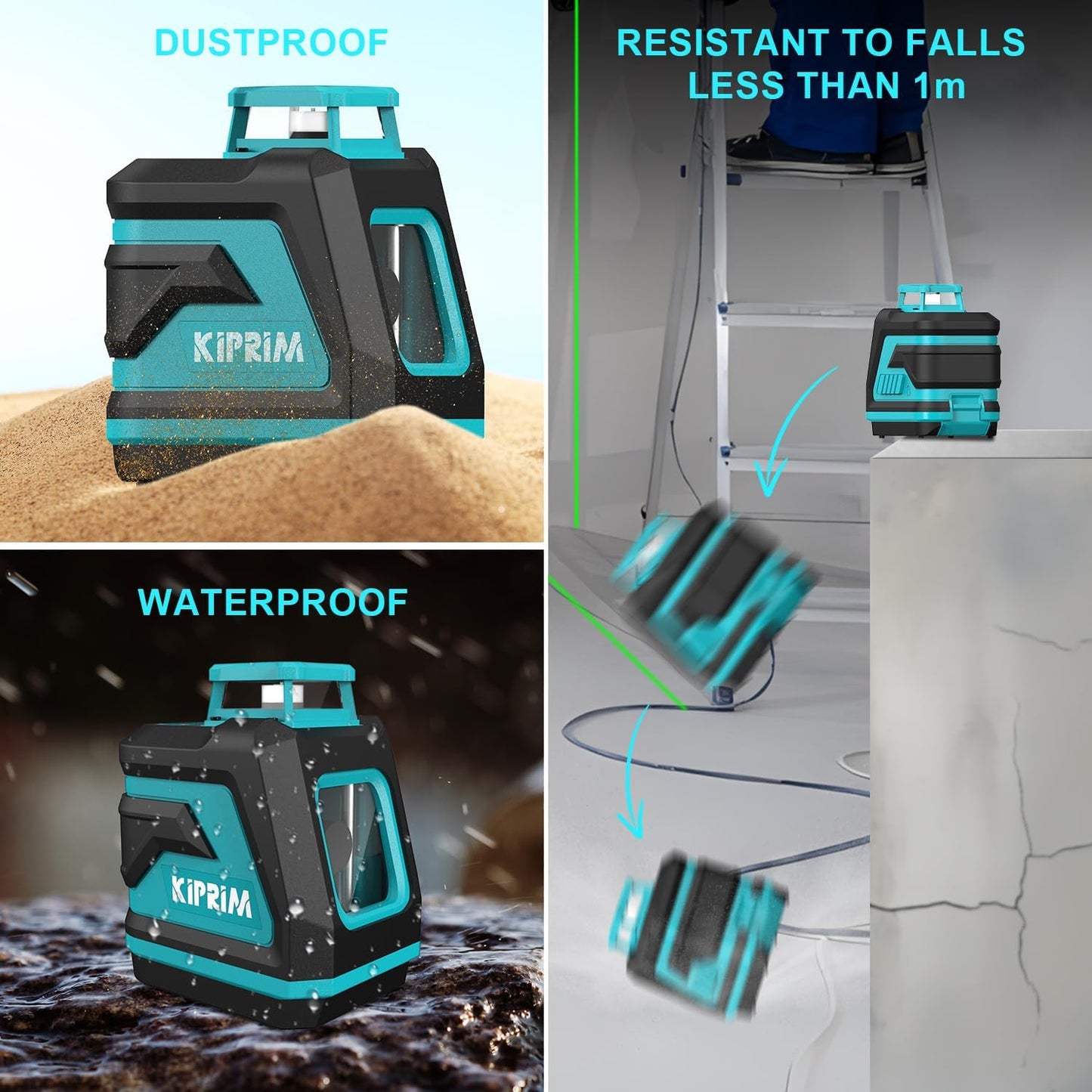 Nivel Láser Verde Kiprim LV8D, 5 Líneas Láser 360°, Autonivelante ±3°, Brillo Ajustable, Modos Manual/Self-Leveling/Pulso, Compatible con Trípode, Alcance 40m/50m