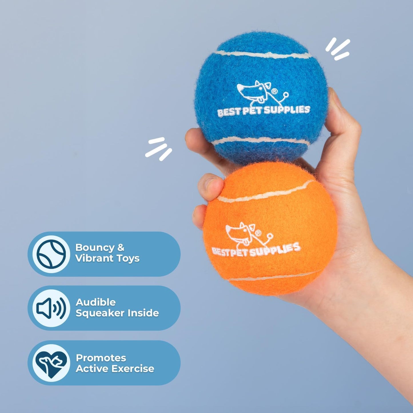 Best Pet Supplies Pelotas de Tenis para Perros con Sonido | Pack 2 Juguetes Resistentes para Lanzar y Buscar | Talle Grande