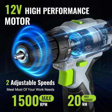 Taladro Atornillador Inalámbrico WORKPRO 12V, 2 Velocidades, 18+1 Embrague, Mandril 3/8" Sin Llave, Kit con Batería, Cargador, Brocas y Bolsa de Transporte