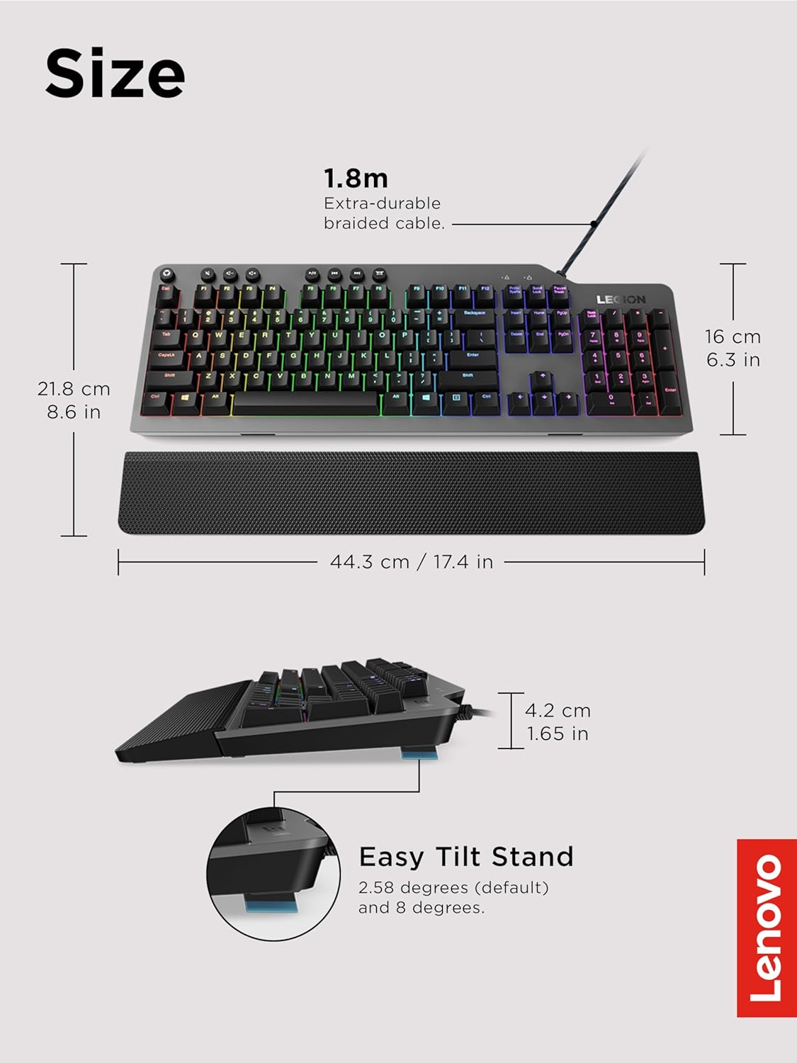 Lenovo Legion K500 Teclado Mecánico Gamer RGB – Diseño Minimalista, Switches Rojos, Descanso para Muñeca Desmontable