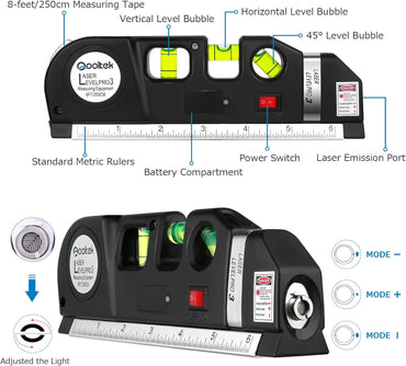 Nivel Láser Multiusos – Qooltek con Cinta Métrica 2,5M, Reglas en Pulgadas y Milímetros, 3 Modos de Láser (Vertical, Horizontal, Cruzado), Incluye Baterías