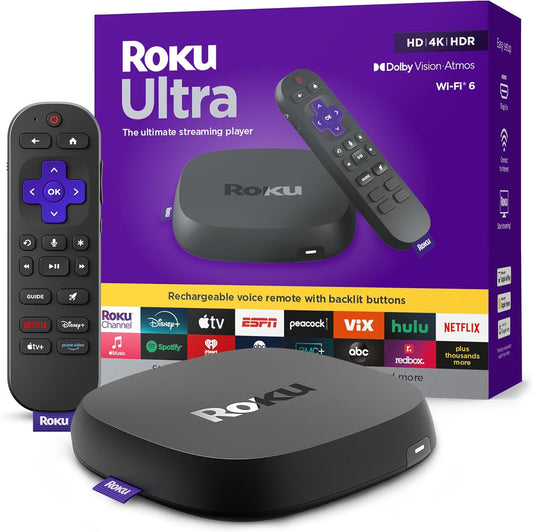 Roku Ultra – Reproductor de Streaming 4K HDR10+ con Dolby Vision & Atmos, Wi-Fi 6 y Bluetooth – Control Remoto Pro Recargable con Botones Retroiluminados – TV en Vivo y Contenido Gratis