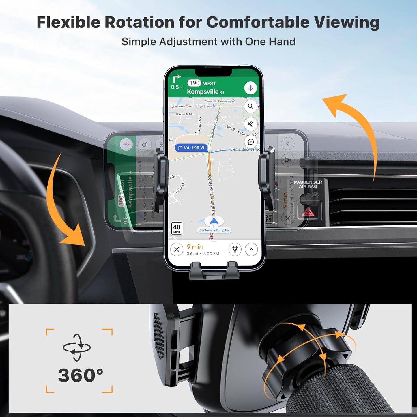 Soporte de Celular para Auto con Gancho Metálico — Rejilla de Aire | Operación con Una Mano | Rotación 360° | Universal iPhone/Android (Negro)