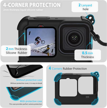 Kit de Funda de Silicona para GoPro Hero 12/11/10/9 Black + Protectores de Pantalla y Lente + Puerta Lateral con Acceso de Carga (Color: Negro)