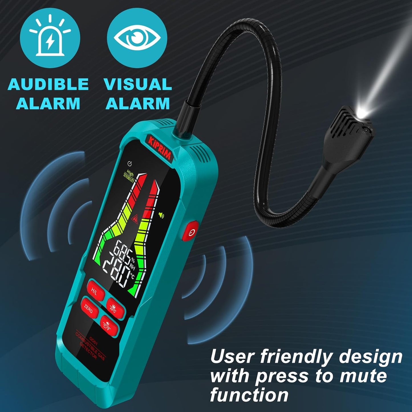 Detector de Fugas de Gas Kiprim GD01, Alta Sensibilidad con Sonda Flexible de 9,4", Alarma Visual y Sonora, Portátil para Propano, Metano y Gas Natural – Uso en Hogar y RV