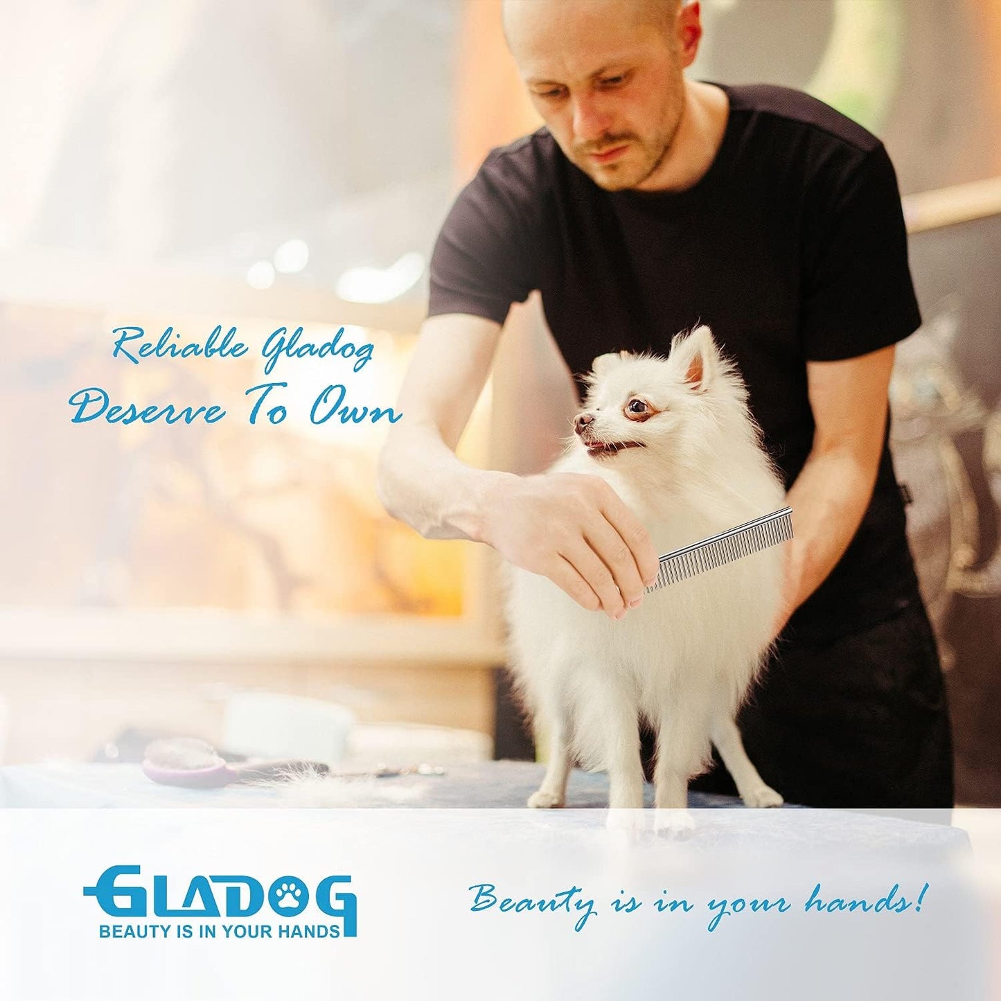 GLADOG Kit Tijeras de Grooming 5 en 1 para Perros y Gatos | Tijeras de Acero Inoxidable con Puntas Redondeadas + Peine y Estuche