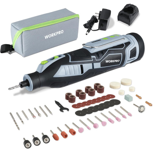 Herramienta Rotativa Inalámbrica 12V WORKPRO, 5 Velocidades Variables hasta 32.000 RPM, Kit con 114 Accesorios para Lijar, Grabar, Pulir y Cortar, Incluye Batería, Cargador y Bolsa