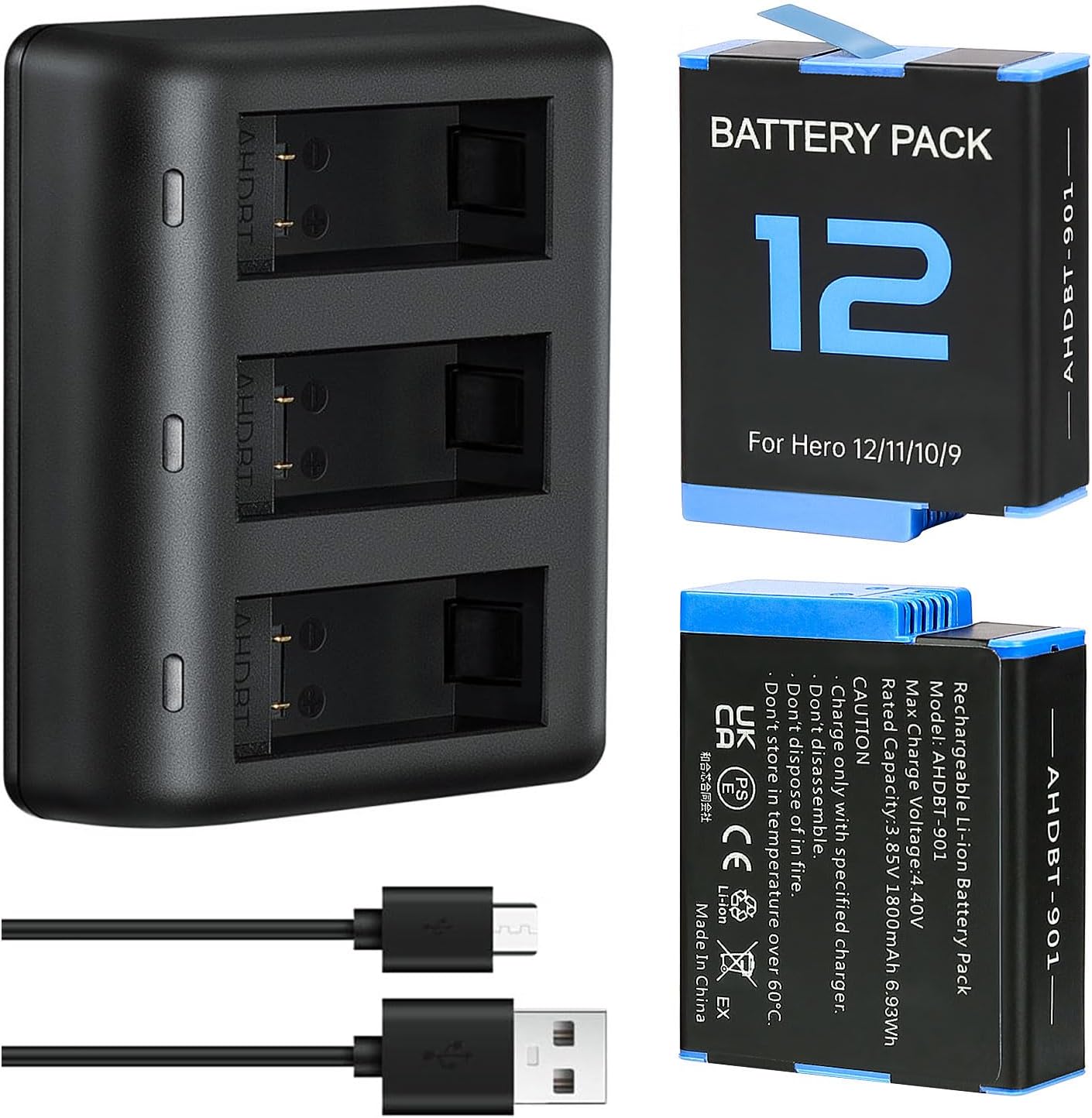 Pack de 2 Baterías 1800 mAh para GoPro Hero 12/11/10/9 + Cargador Rápido USB-C de 3 Ranuras con Estuche Protector