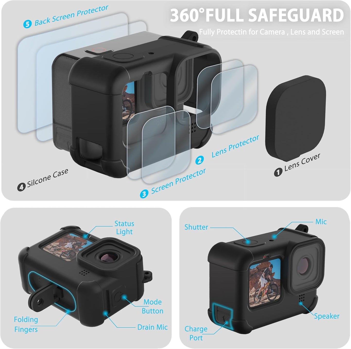 Kit de Funda de Silicona para GoPro Hero 12/11/10/9 Black + Protectores de Pantalla y Lente + Puerta Lateral con Acceso de Carga (Color: Negro)