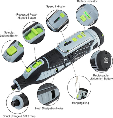 Herramienta Rotativa Inalámbrica 12V WORKPRO, 5 Velocidades Variables hasta 32.000 RPM, Kit con 114 Accesorios para Lijar, Grabar, Pulir y Cortar, Incluye Batería, Cargador y Bolsa