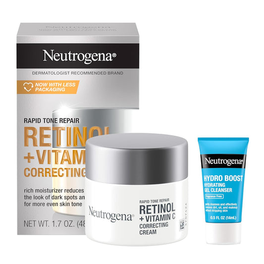 Neutrogena Crema hidratante facial Rapid Tone Repair Retinol + vitamina C, corrector de manchas oscuras, crema facial antienvejecimiento para un tono uniforme, 1.7 onzas + limpiador facial Hydro Boost