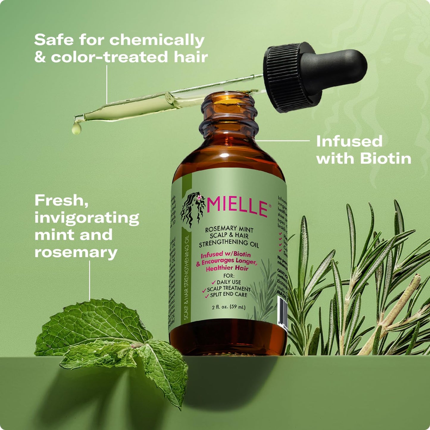 Rosemary & Mint Hair Oil | Tratamiento para Cuero Cabelludo Seco y Puntas Abiertas | Con Biotina + Aceites de Romero, Menta, Ricino, Árbol de Té, Jojoba y Coco | Fortalece, Calma e Hidrata | Apto Todo Tipo de Cabello | 59 ml