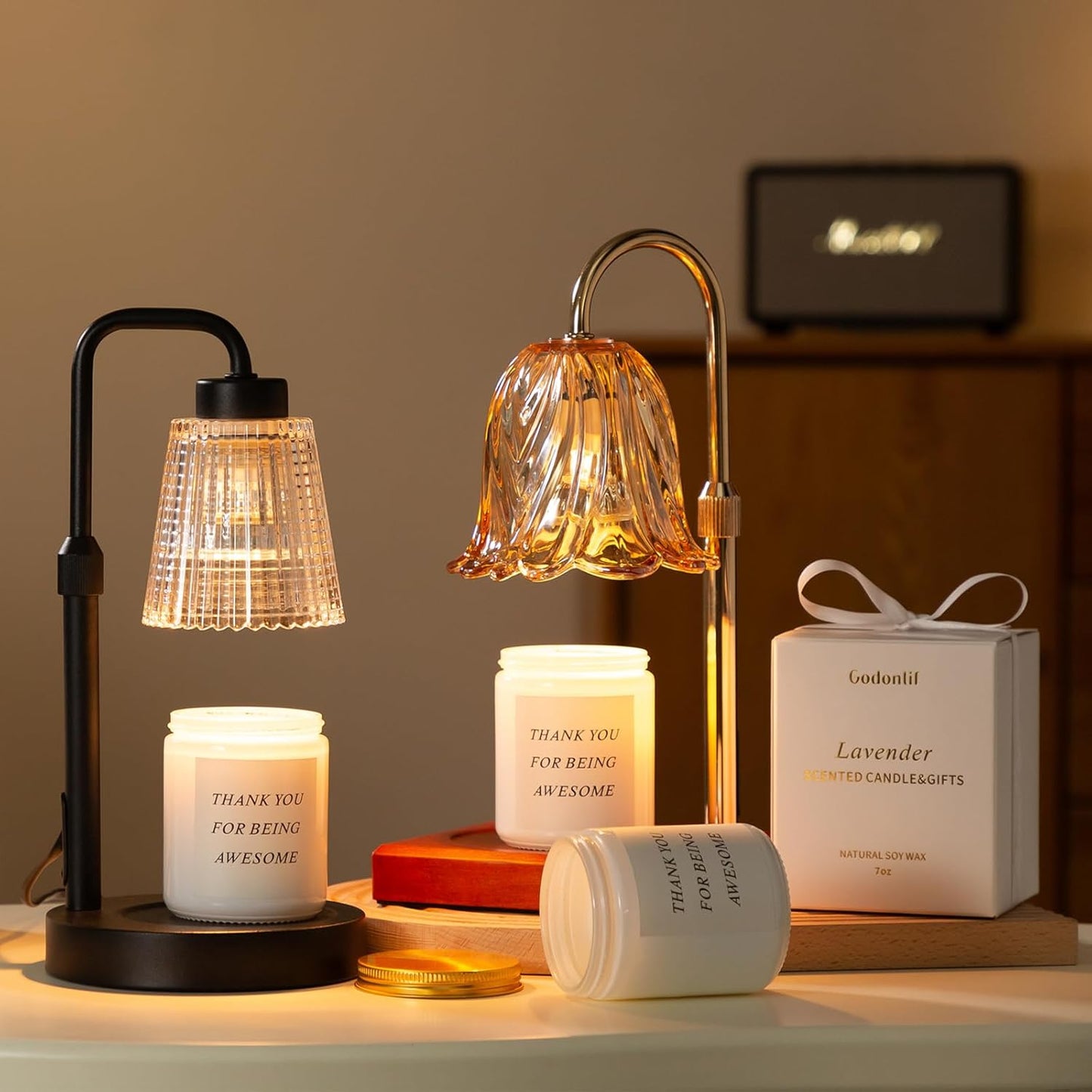 Lámpara Calienta Velas con Temporizador y Regulador de Intensidad – Decoración de Hogar, Regalo para Mujeres, Mamá o Nuevos Hogares – Incluye 2 Bombillas