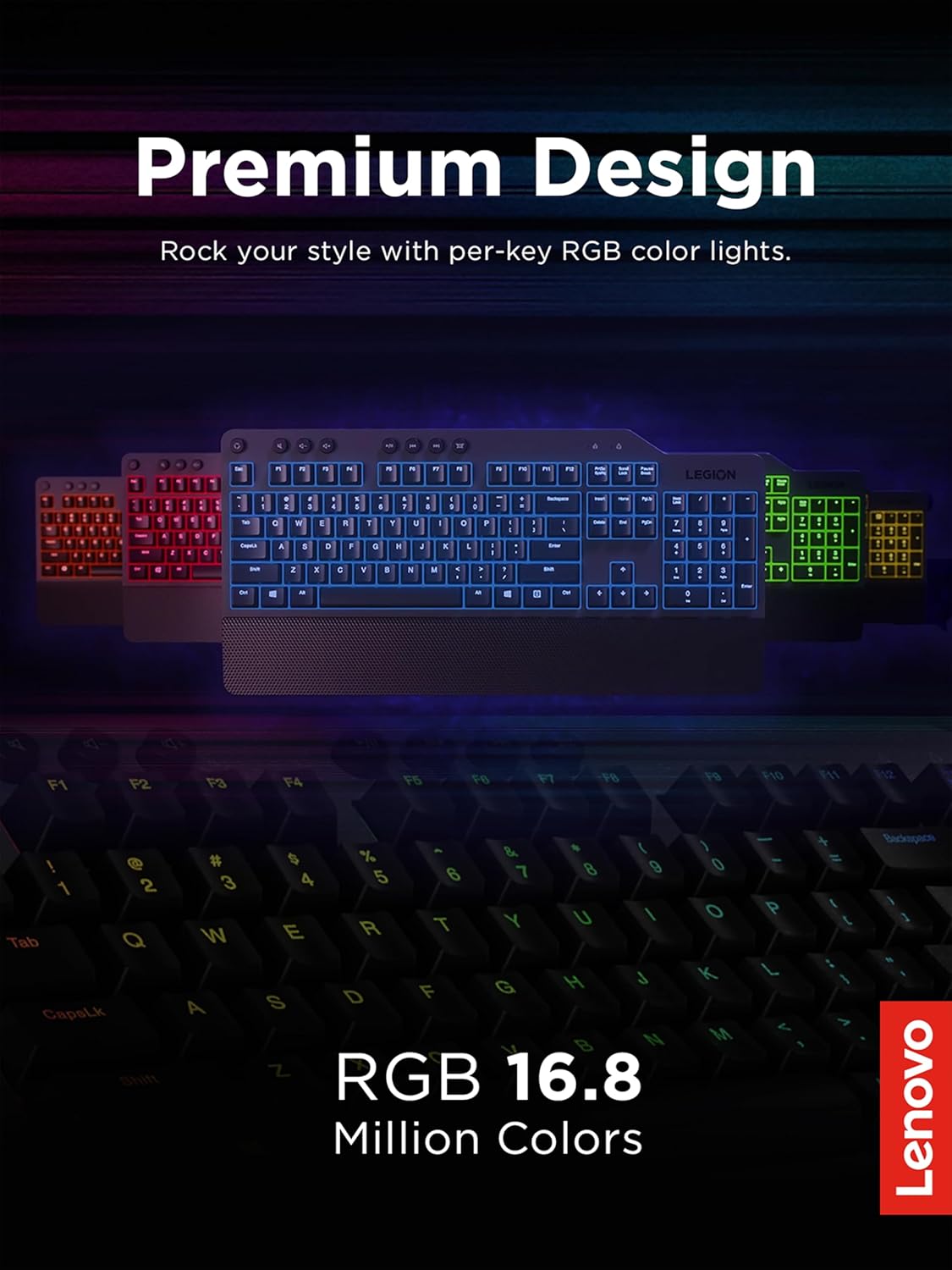 Lenovo Legion K500 Teclado Mecánico Gamer RGB – Diseño Minimalista, Switches Rojos, Descanso para Muñeca Desmontable