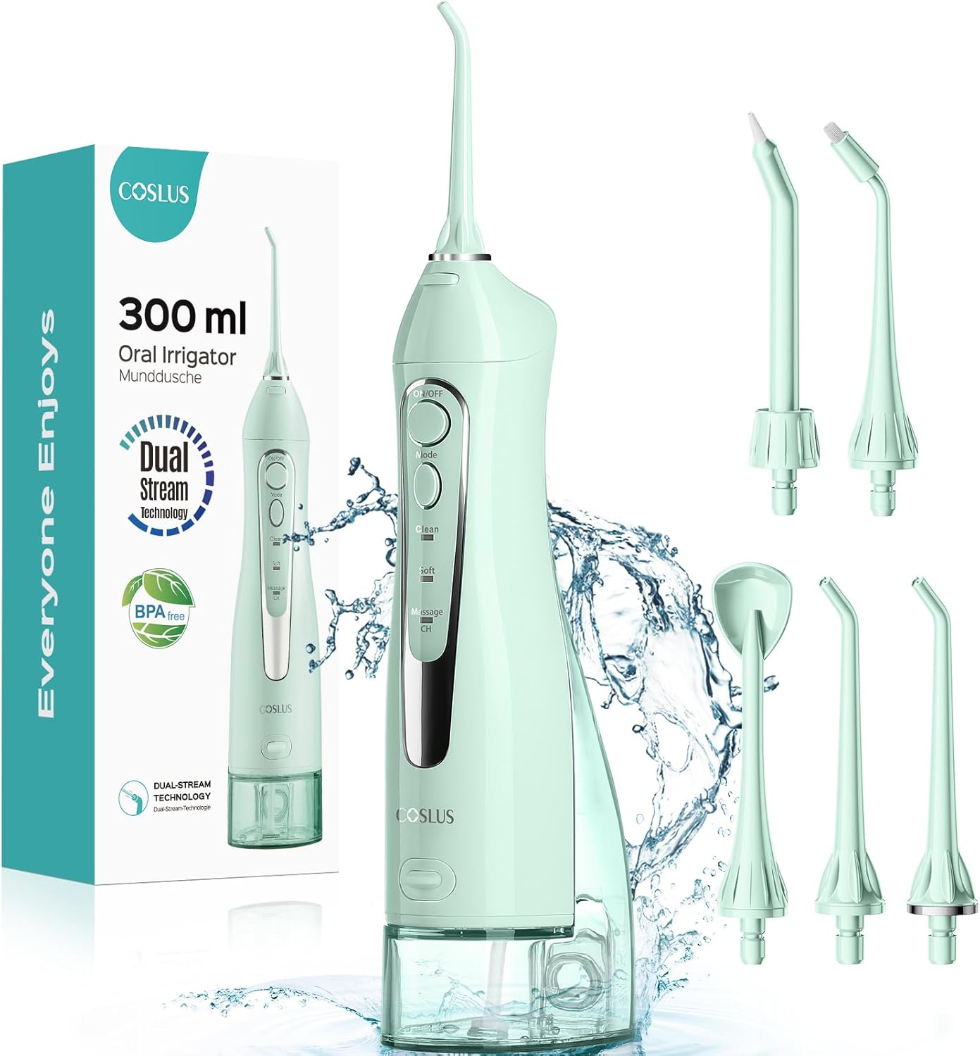 COSLUS Irrigador Dental Portátil – 300ML Flosser Eléctrico Recargable, 3 Modos & 5 Boquillas, Batería de 30 Días, Resistente al Agua IPX7 para Limpieza Dental y Salud de las Encías (Negro)