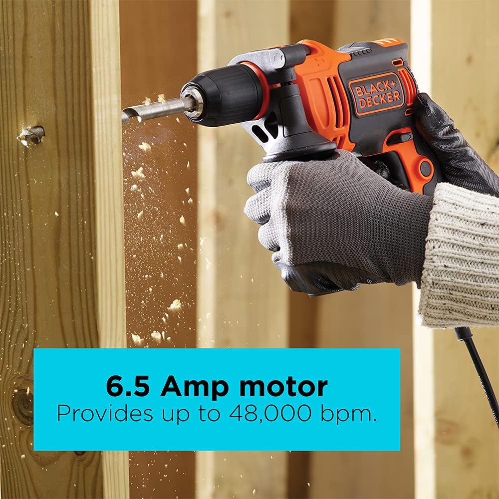 BLACK+DECKER Taladro Percutor, 6.5 Amperios, 1/2 Pulgada (BEHD201), Con Cable, 48.000 Golpes Por Minuto, Función 2 en 1