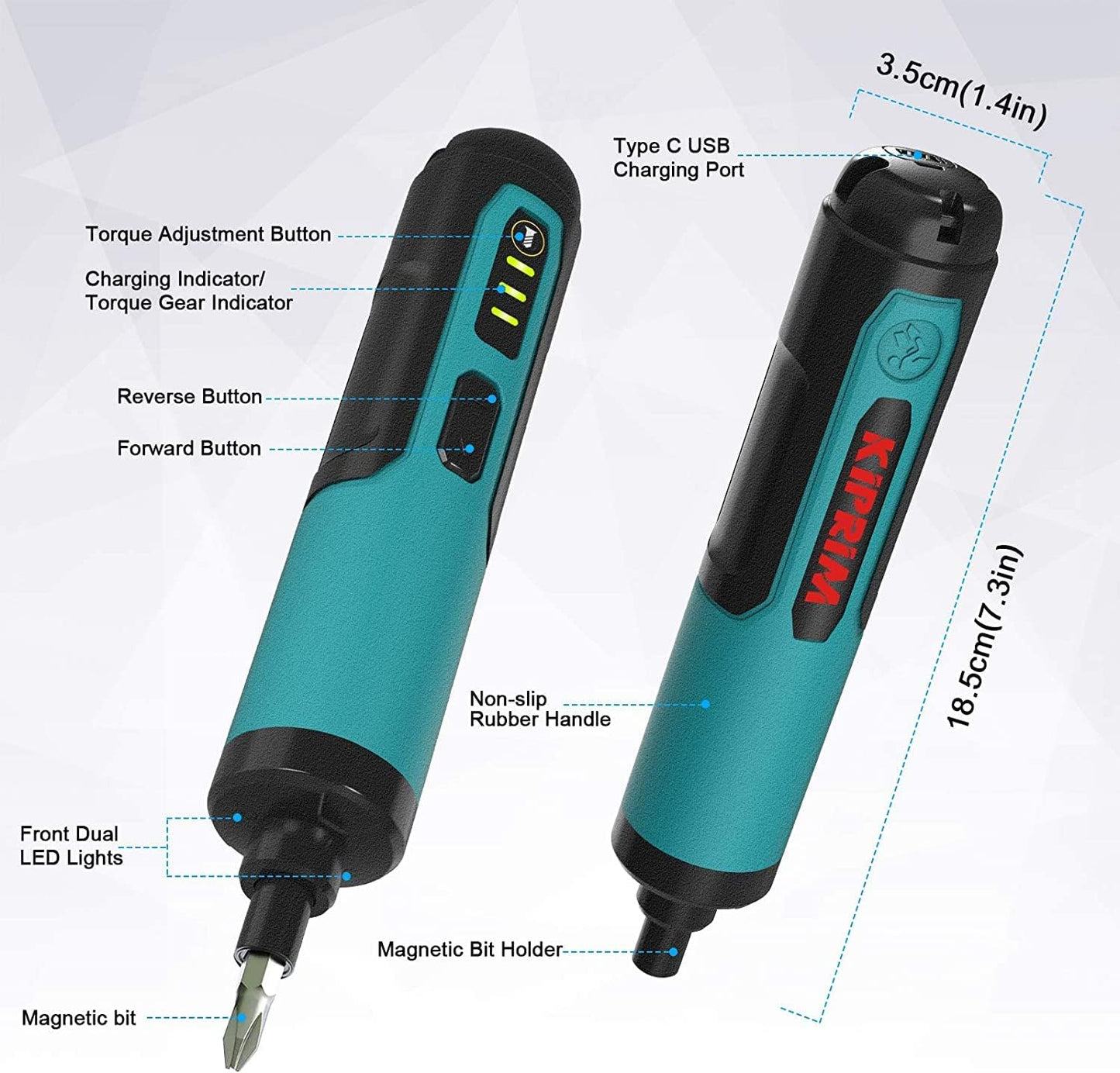 Destornillador Eléctrico Kiprim 4V Recargable, Torque Ajustable, 33 Puntas Magnéticas + 2 Brocas, Doble Linterna LED, Maletín y Cable Tipo-C