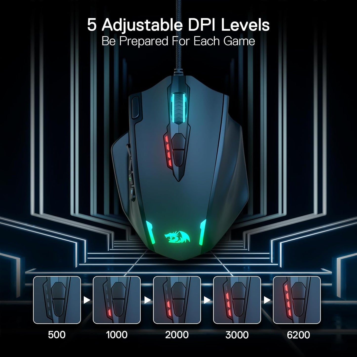Redragon M908 Impact – Mouse Gamer MMO con Retroiluminación RGB, 12 Botones Laterales, 18 Macros Programables y Sensor Óptico de Alta Precisión, 12.400 DPI, Cableado, Negro