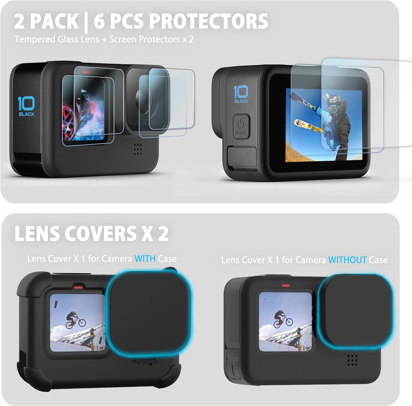 Kit de Funda de Silicona para GoPro Hero 12/11/10/9 Black + Protectores de Pantalla y Lente + Puerta Lateral con Acceso de Carga (Color: Negro)
