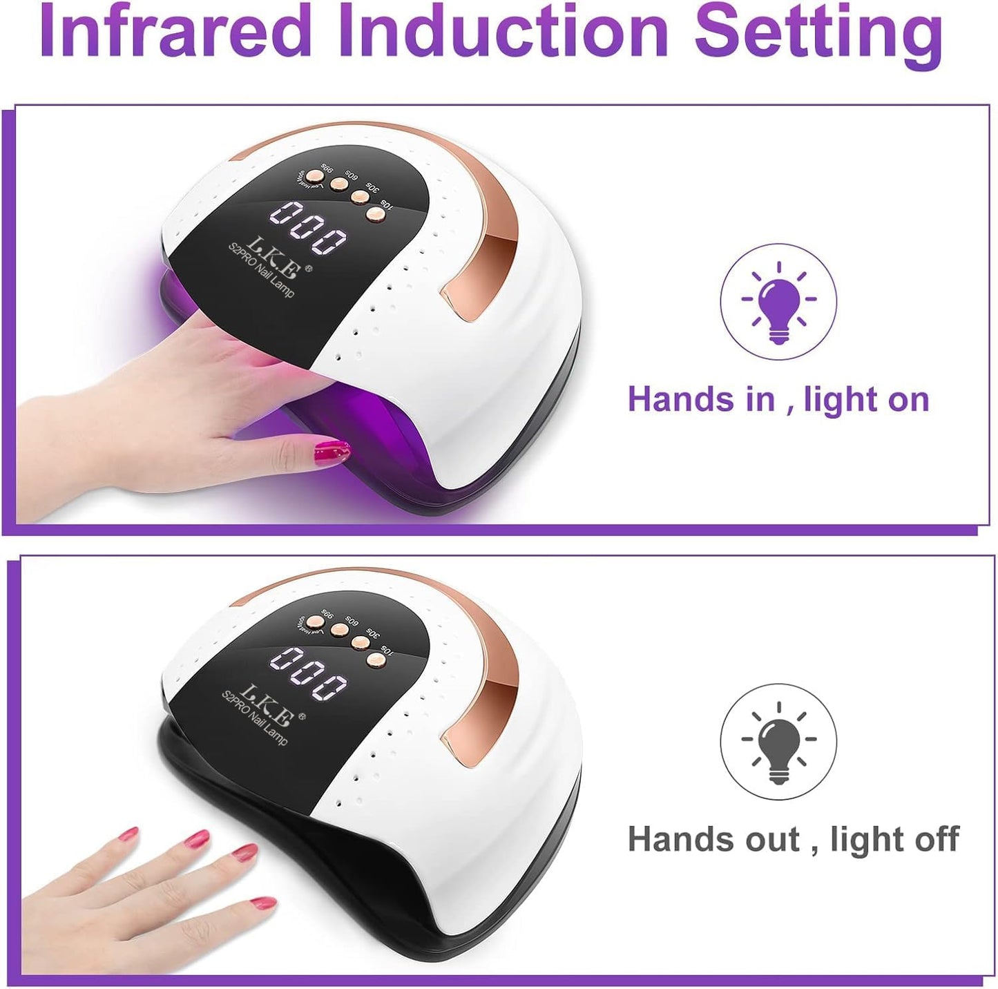 Lámpara de uñas LED UV de 268 W | 4 temporizadores | Luz profesional de uñas | 57 cuentas de lámpara | Sensor automático (blanco)