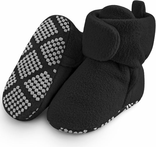 Botines de polar para bebé, pantuflas cálidas, fáciles de poner, botas antideslizantes ajustables | Color: Negro