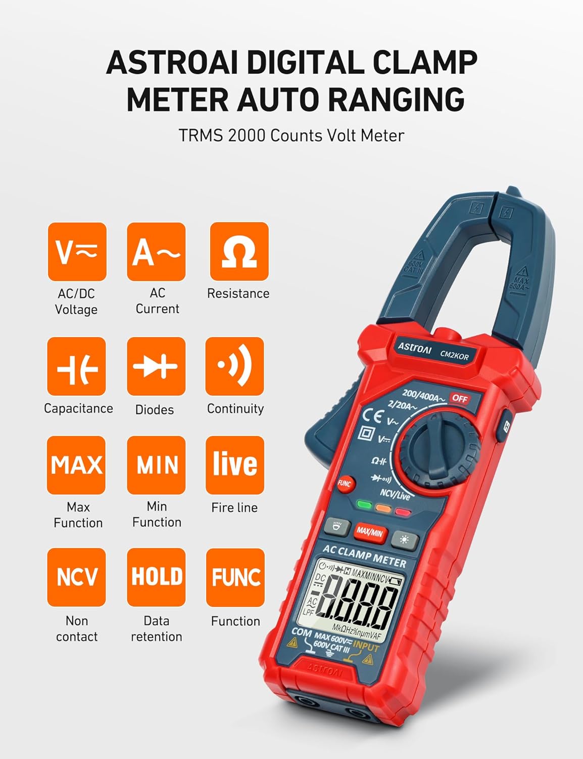 Multímetro Digital de Gancho – TRMS 2000 Cuentas Auto-Rango, Voltaje AC/DC, Corriente AC, Resistencia, Capacitancia, Continuidad, Diodo y NCV Detector de Cables Vivos – Pantalla Retroiluminada & Linterna (CM2K0R, Azul)