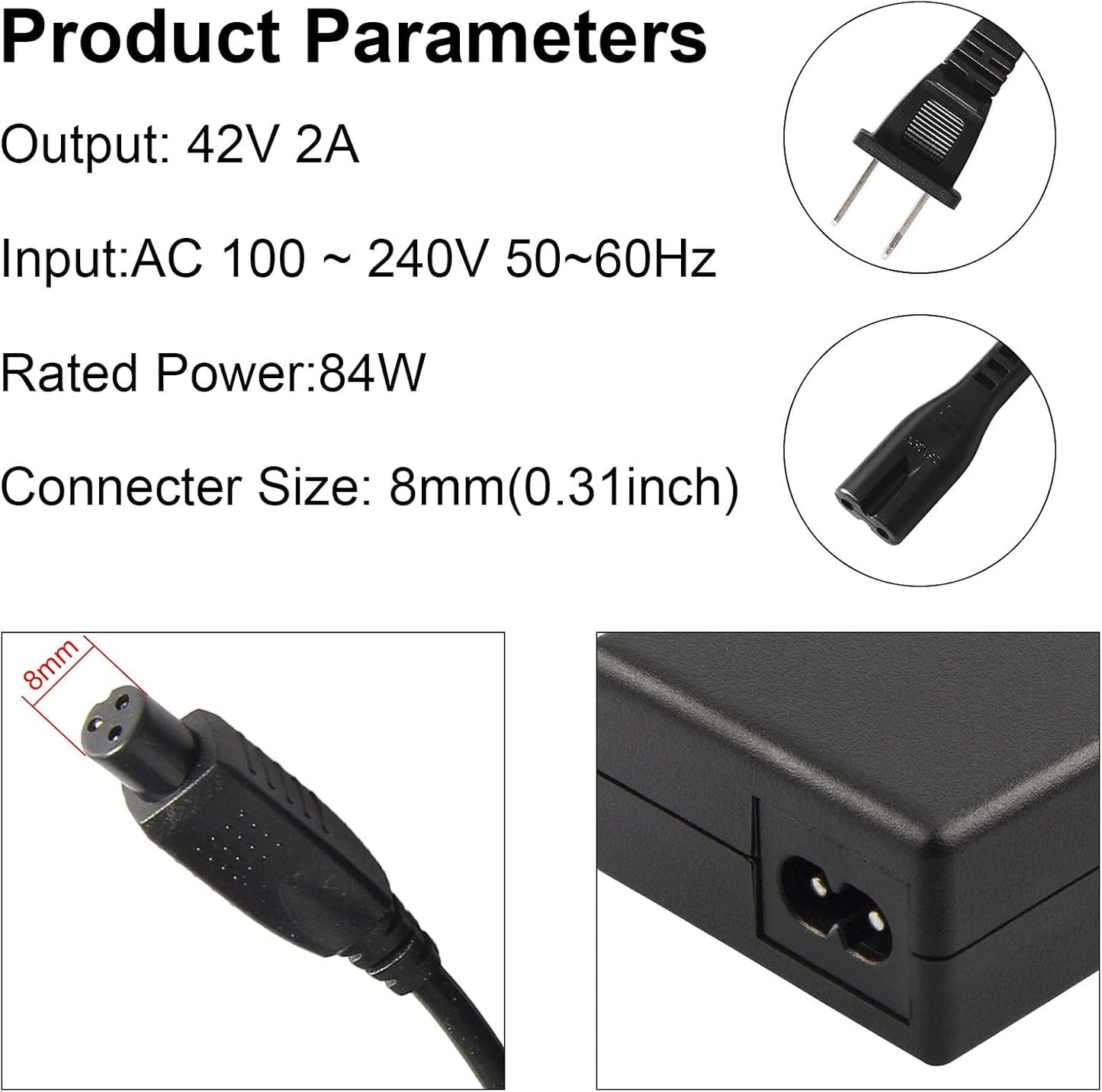 Adaptador de corriente de 42V 2A | Fuente de alimentación de batería de litio AC100-240V, 50/60Hz | Cargador compacto/portátil