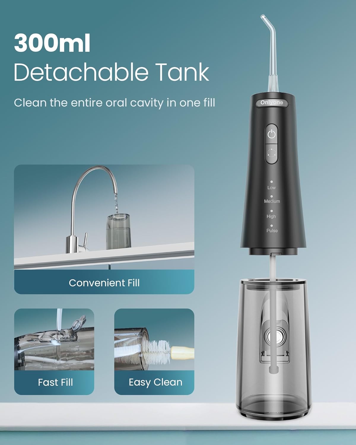 Onlyone Irrigador Dental Portátil – 300ML Limpiador Bucal Recargable, 4 Modos & 5 Boquillas, Flosser Eléctrico para Dientes, Resistente al Agua IPX7, Uso en Casa y Viaje (Negro)
