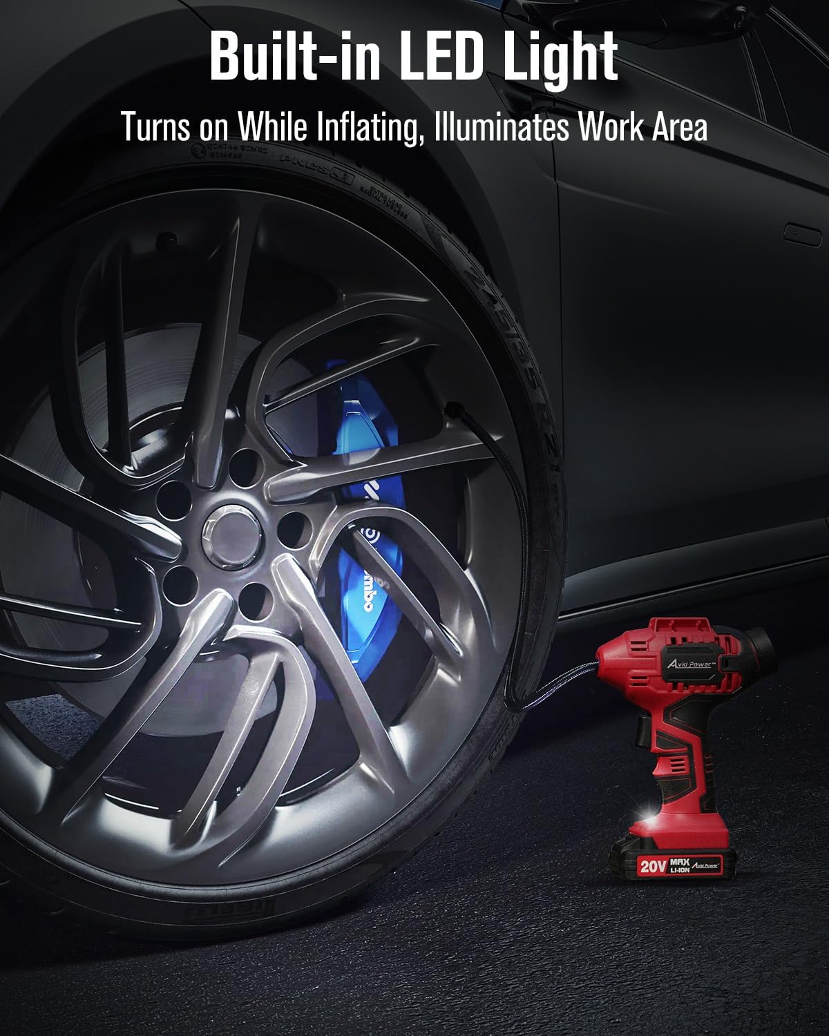 Inflador de Neumáticos Portátil 20V Inalámbrico, Compresor de Aire para Auto con Batería Recargable, Medidor Digital de Presión, Adaptador 12V, Luz LED y Estuche