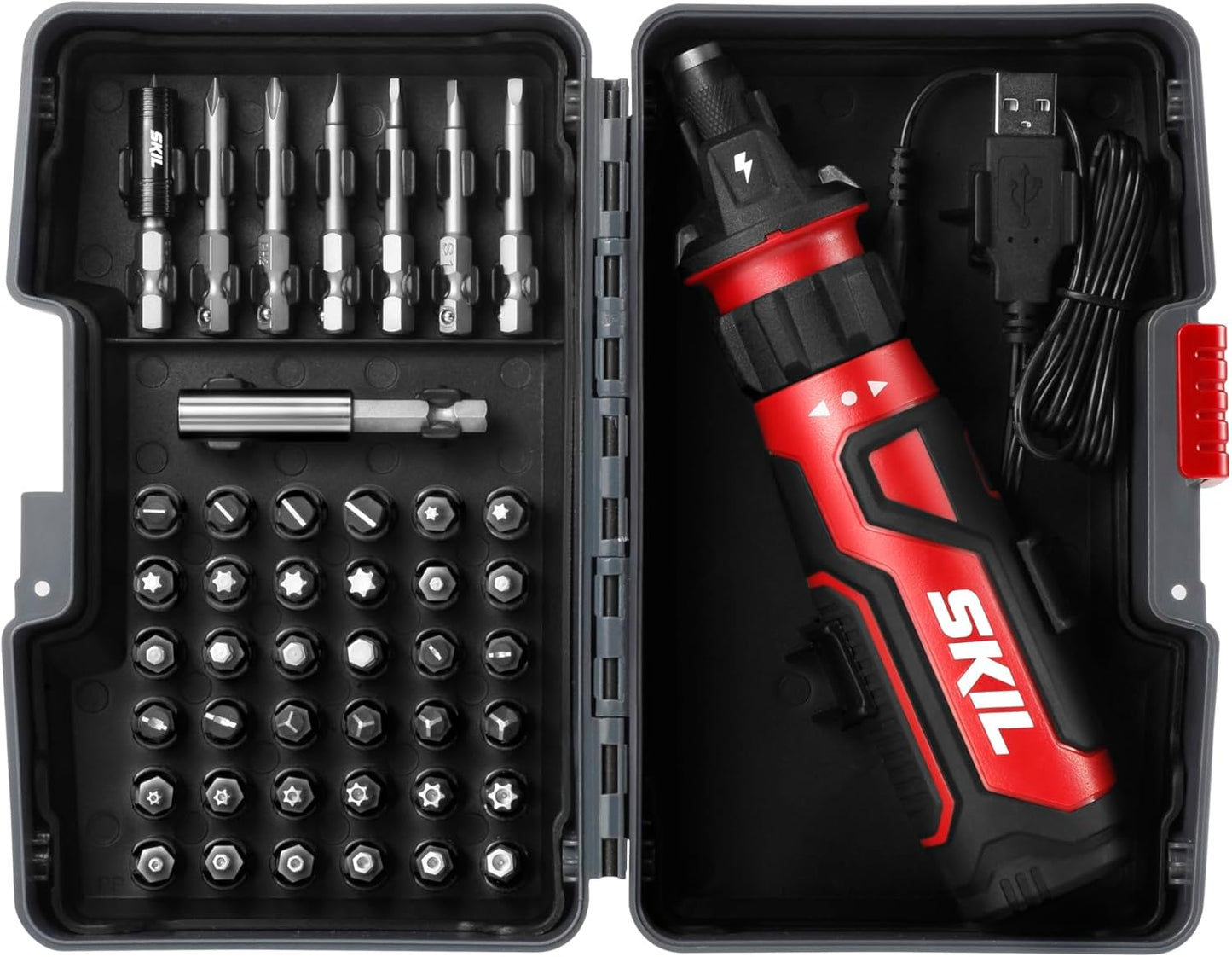Destornillador Eléctrico Recargable 4V SKIL con Tecnología Circuit Sensor, Luz LED Dual, Set de 45 Piezas, Cable USB y Estuche – SD561204