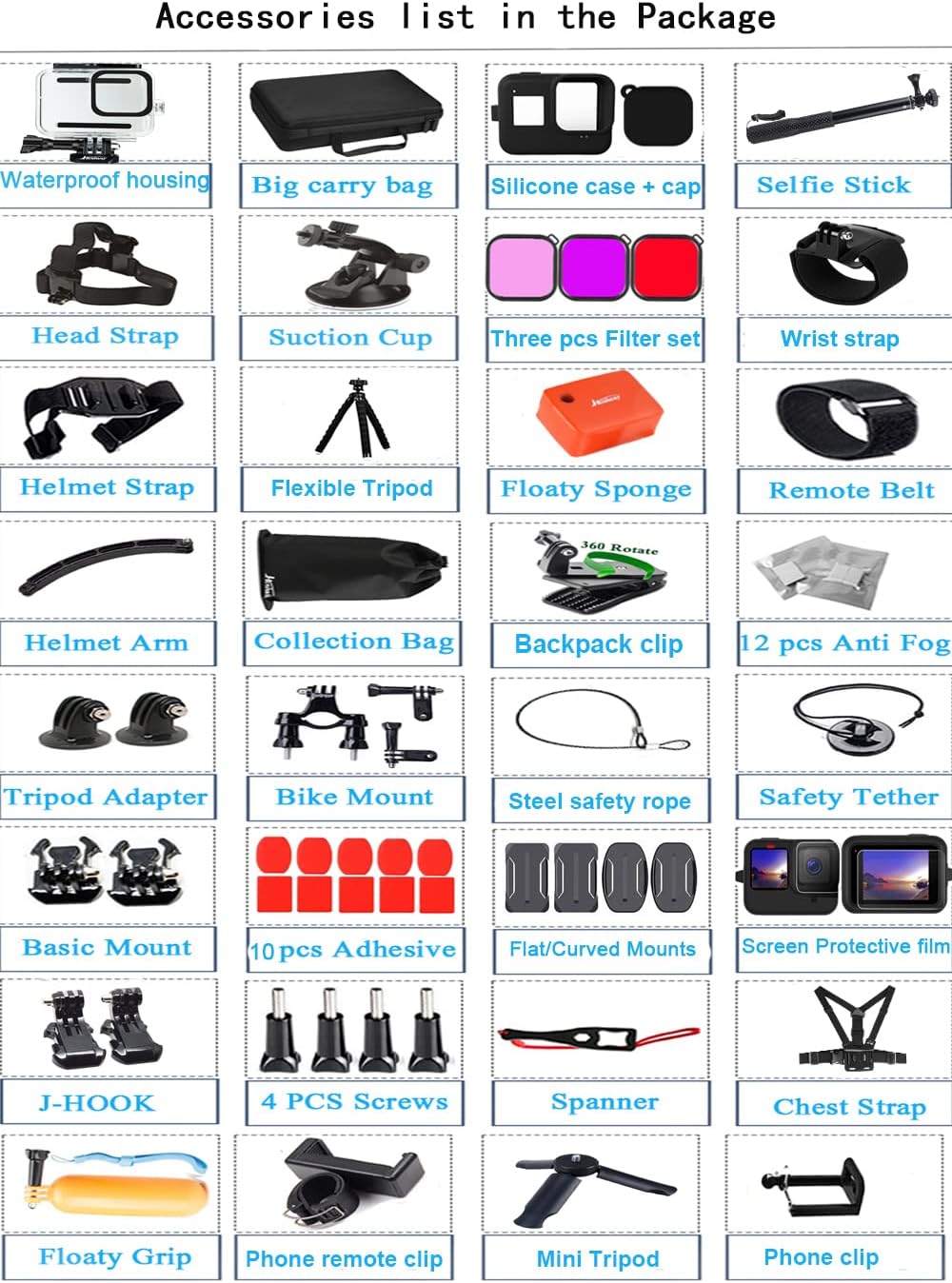 Kit de Accesorios 62-en-1 para GoPro Hero 13/12/11/10/9 Black — Carcasa Sumergible, Funda de Silicona, Protectores de Vidrio, Palo Selfie de Aluminio y más (Husiway)