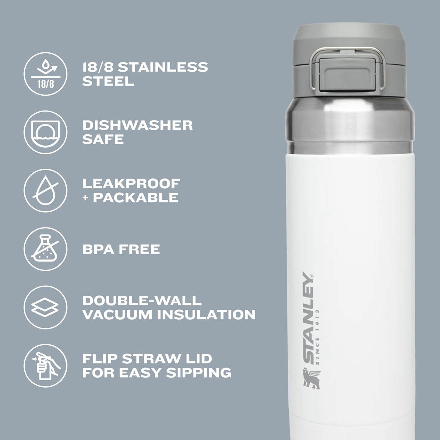 Quick Flip GO Water Bottle 24 Oz | Push Button Lid | Leakproof and Packable for Travel and Sports | Insulated Stainless Steel | Bpa-Free | Charcoal