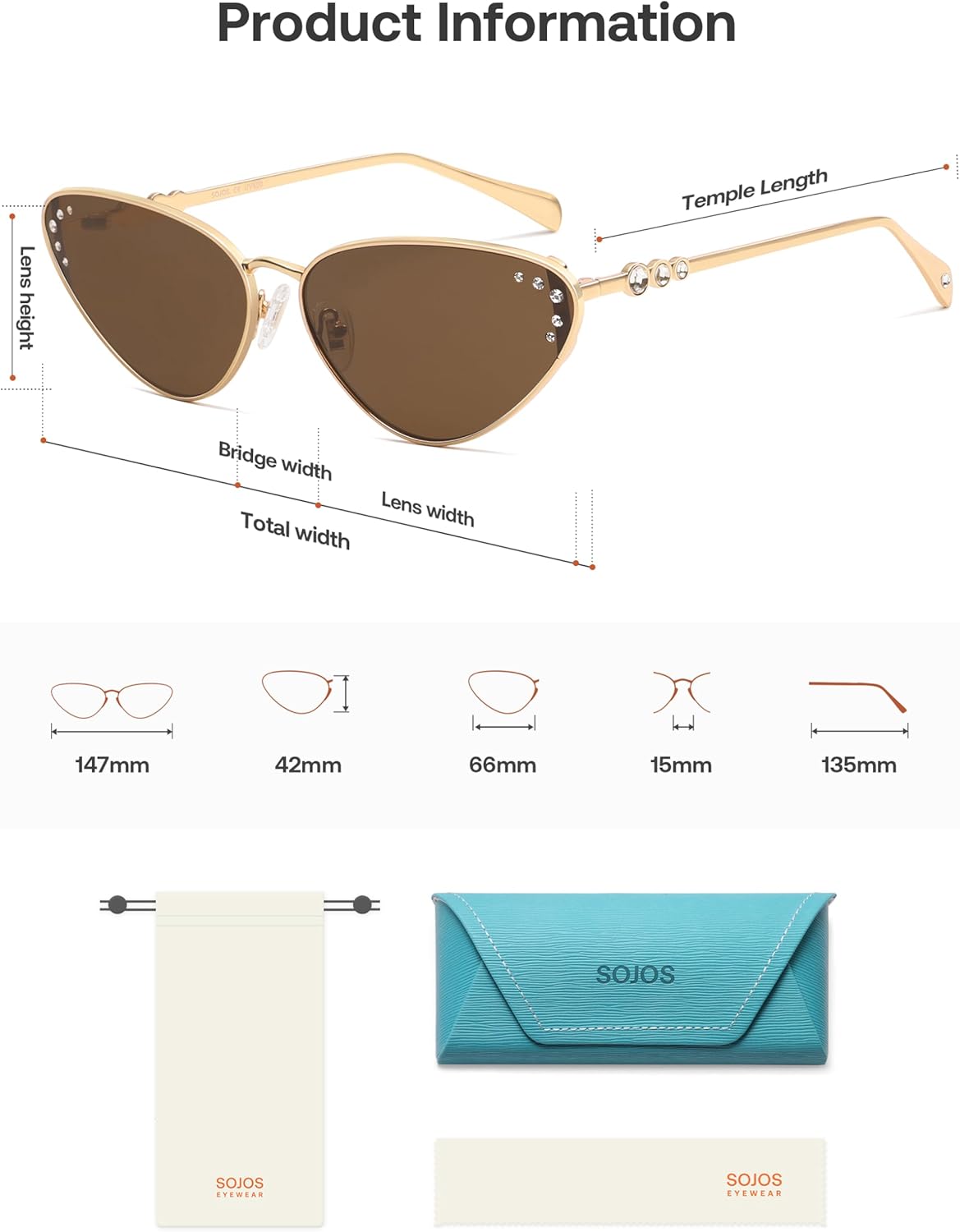 Lentes de Sol Retro Cat Eye SOJOS SJ1241 para Mujer, Estilo Estrecho Trendy, Detalles Brillantes, Protección UV400