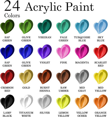 Kit de pintura acrílica | 24 Pinturas acrílicas + 8 pinceles + 1 bloc de hojas + paleta | Para niños y adultos