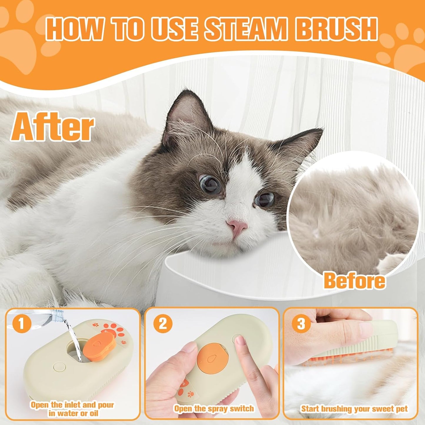 Cepillo a Vapor 3 en 1 para Perros y Gatos | Masaje, Limpieza y Eliminación de Pelo Suelto | Recargable con Silicona Suave