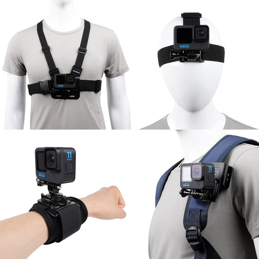 Kit de Accesorios con Quick Release para GoPro Hero 13/12/11/10/9/8/7/6/5/4 — Arnés de Pecho + Cinta de Cabeza + Clip de Mochila + Correa de Muñeca 360°