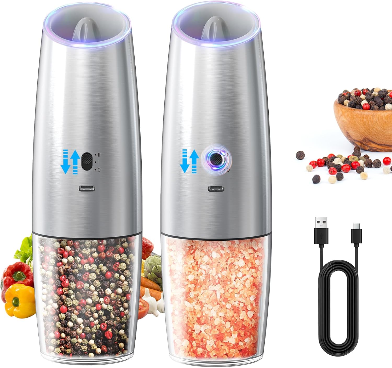 Set de Molinillos Eléctricos de Sal y Pimienta Automáticos con Luz LED, Ajuste de Grosor y Gran Capacidad – Operación por Gravedad, Cocina y BBQ