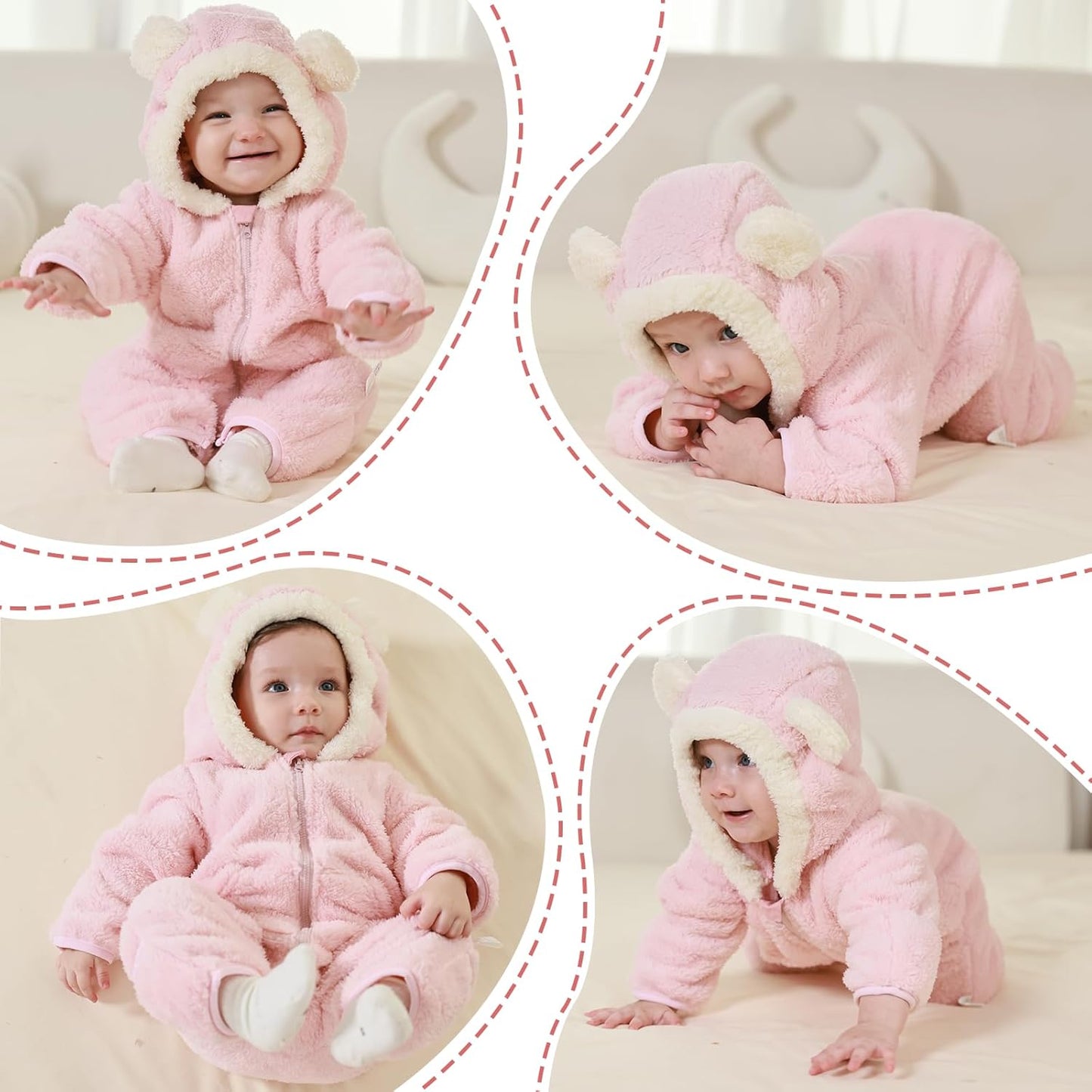 Traje Rosado de Oso para Bebé Recién Nacido con Mitones Plegables y Patucos para Niñas y Niños Ropa de Invierno de Vellón con Capucha Mameluco Traje de Nieve