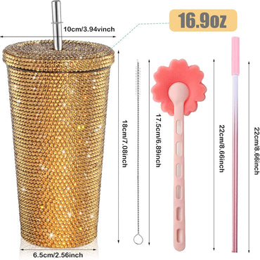 Vaso térmico con diamantes de imitación con tapa | 500 ml | Aislado de acero inoxidable con diamantes de imitación de primera calidad | Color: Dorado