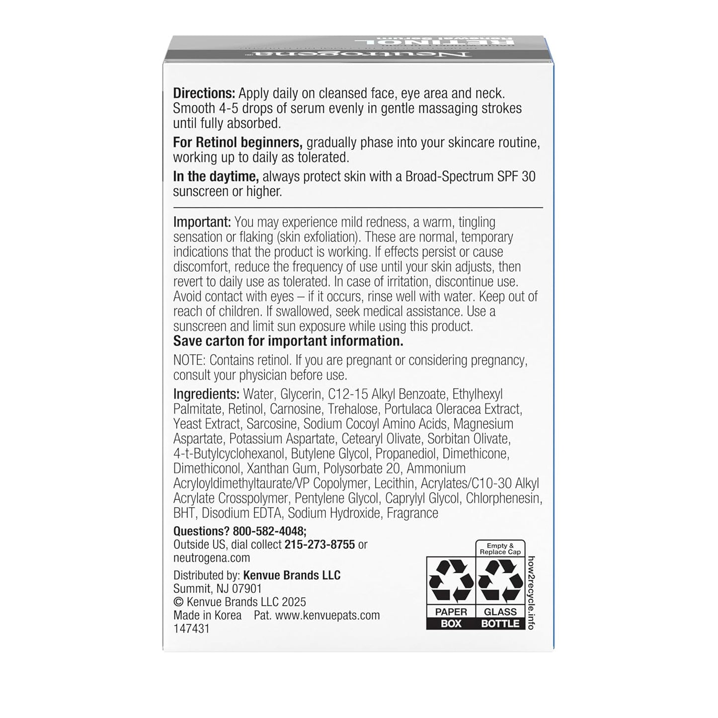 Neutrogena Rapid Wrinkle Repair Retinol Renewal Serum - Suero facial ligero antienvejecimiento con retinol puro y antioxidantes para mejorar las arrugas, la opacidad y las manchas oscuras, 1 onza