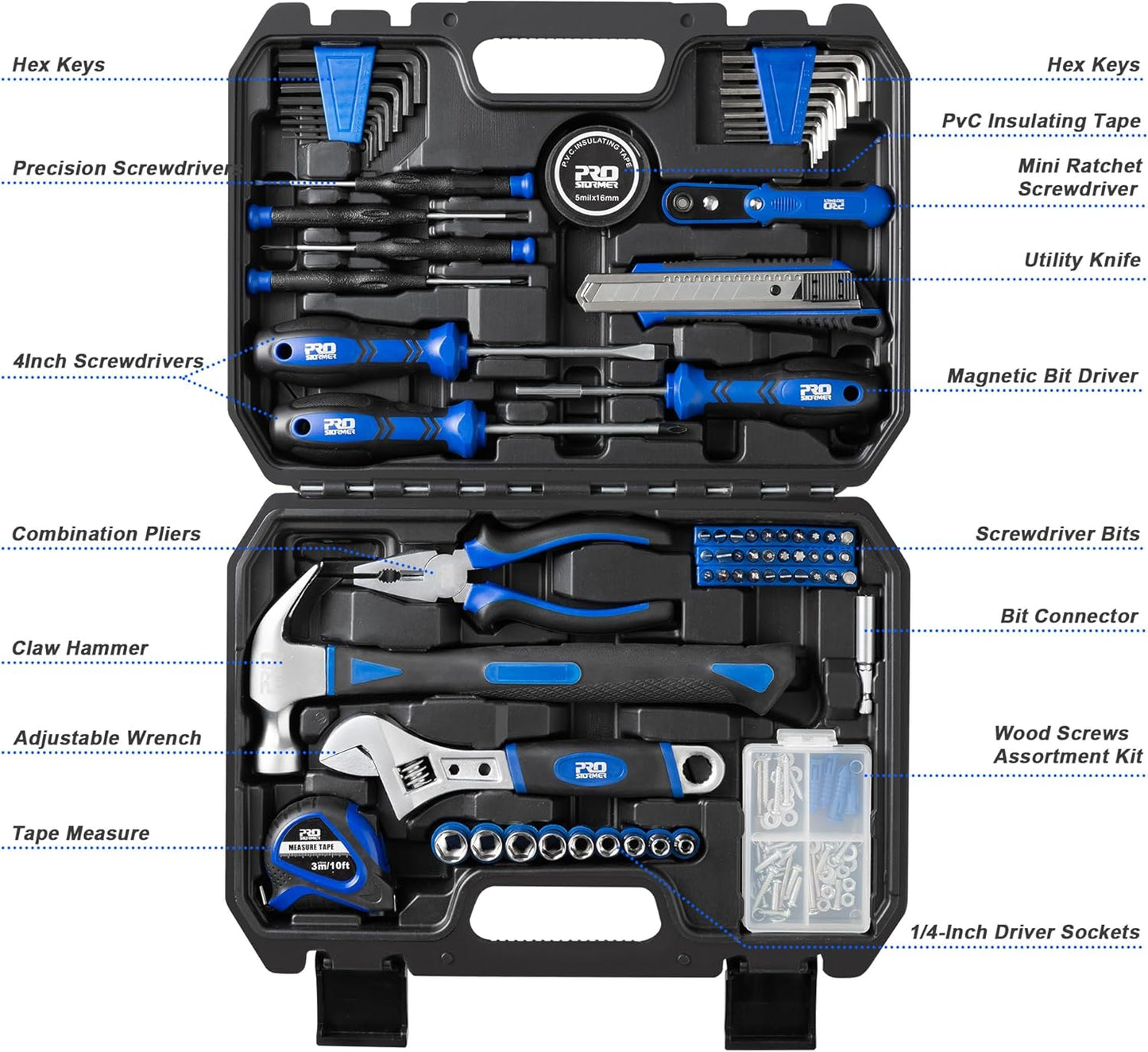 Juego de Herramientas Prostormer 160 Piezas – Kit de Mano para Reparaciones del Hogar con Maletín – Herramientas Resistentes de Acero para Casa, Garaje, Oficina y Dormitorio (Azul)