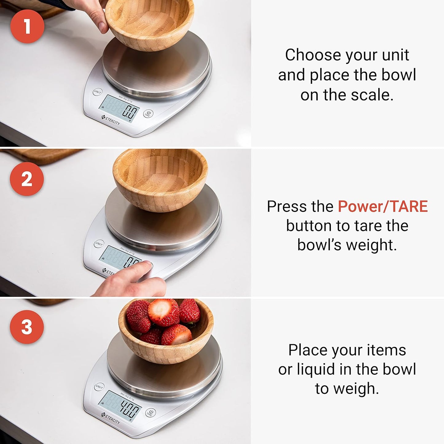 Báscula de Cocina Digital Etekcity 0.1g con Bowl – Acero Inoxidable, 11lb/5kg – Gramos y Onzas para Repostería, Cocina, Dieta y Preparación de Comidas