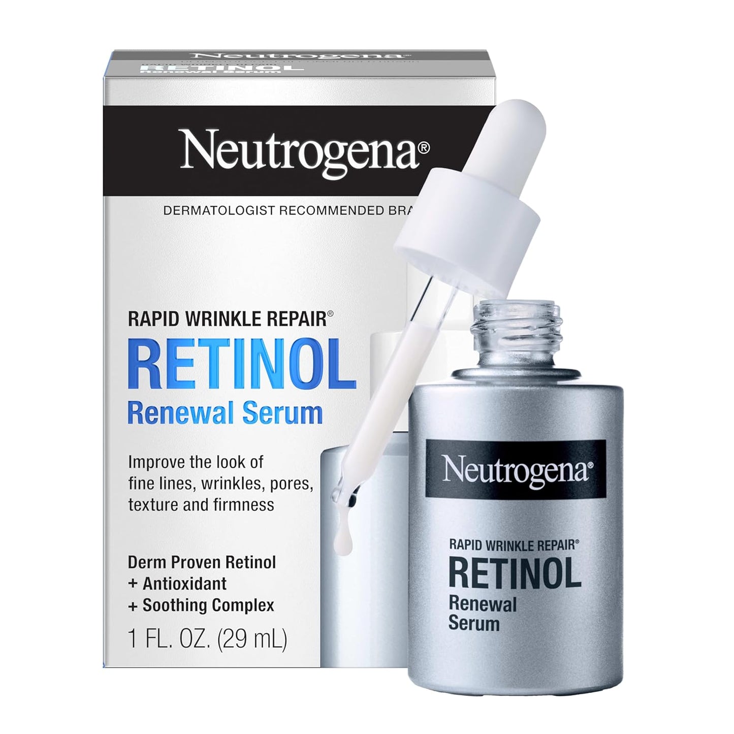 Neutrogena Rapid Wrinkle Repair Retinol Renewal Serum - Suero facial ligero antienvejecimiento con retinol puro y antioxidantes para mejorar las arrugas, la opacidad y las manchas oscuras, 1 onza