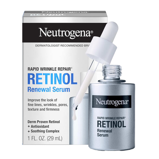 Neutrogena Rapid Wrinkle Repair Retinol Renewal Serum - Suero facial ligero antienvejecimiento con retinol puro y antioxidantes para mejorar las arrugas, la opacidad y las manchas oscuras, 1 onza