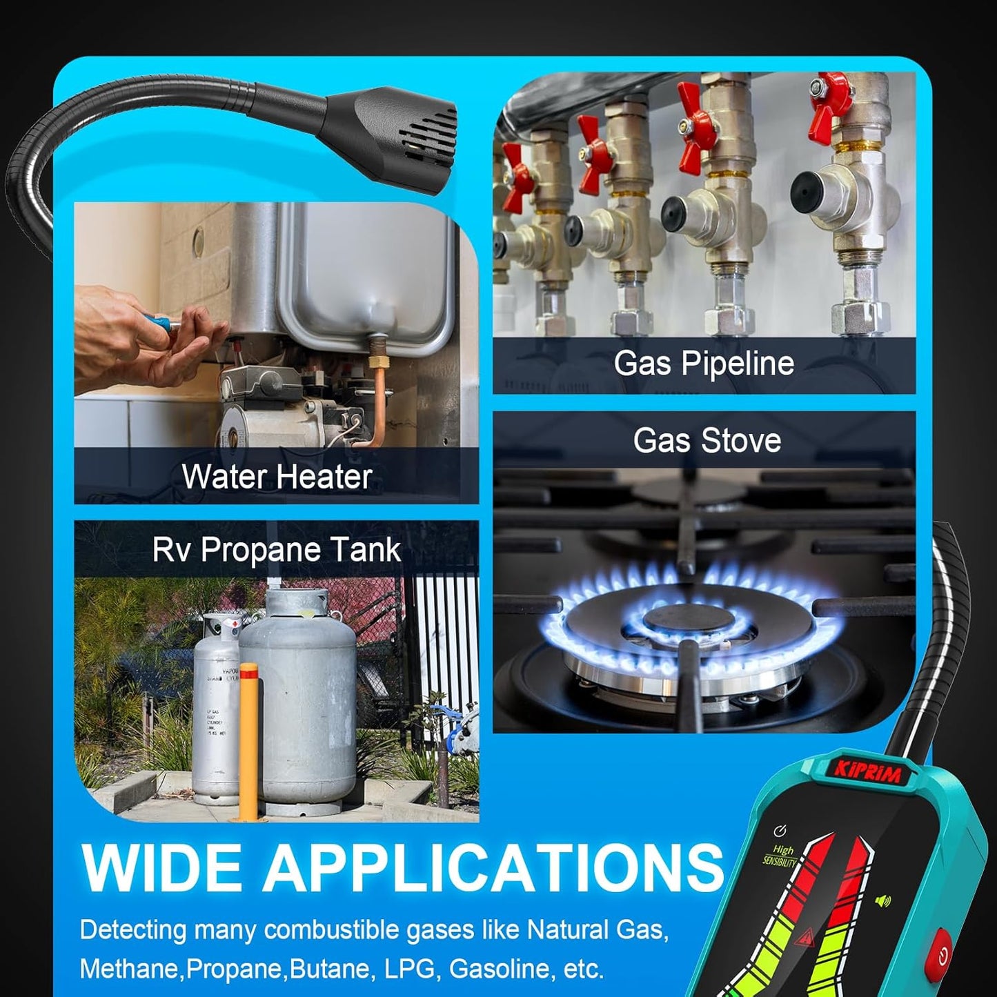 Detector de Fugas de Gas Kiprim GD01, Alta Sensibilidad con Sonda Flexible de 9,4", Alarma Visual y Sonora, Portátil para Propano, Metano y Gas Natural – Uso en Hogar y RV